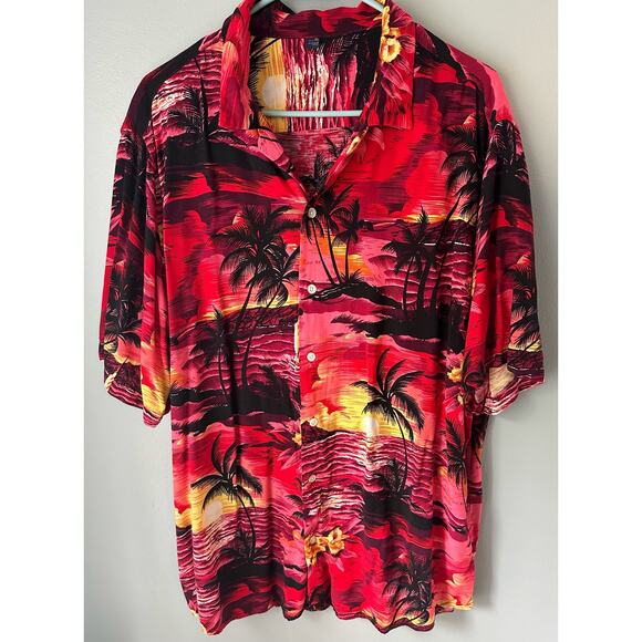 Men's XL Design in Italy Hawaiian Shirt Short Sleeve Rayon Palms Boats Sunset - Picture 1 of 5
